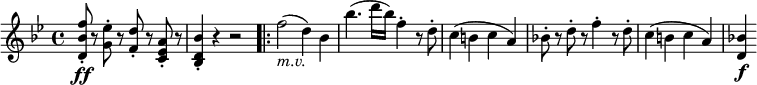  \relative f'' {
\key bes \major \time 4/4
<f bes, d,>8-. \ff r <es g,>-. r <d f,>-. r <a es c>-. r
<bes d, bes>4-. r r2 \bar ".|:"
f'2( _\markup { \italic "m.v." } d4) bes
bes'4.( d16 bes) f4-. r8 d-.
c4( b c a)
bes!8-. r d-. r f4-. r8 d-.
c4( b c a)
<bes! d,>4 \f
} 