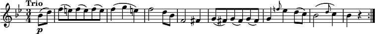 
\version "2.18.2"
\relative c'' {
  \key bes \major
  \time 3/4
  \tempo "Trio "
  \tempo 4 = 140
  \partial 4 bes8  \p (d)
  f (e) f (e) f (e)
  f4 (g e)
  f2 d8 bes
  f2 fis4
  g8 (fis) g (fis) g (fis)
  g4 \grace f'!8 ees4 d8 (c)
  bes2 (\grace d8 (c4))
  bes r \bar ":|."
}
