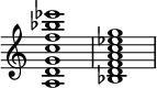 
{
\override Score.TimeSignature #'stencil = ##f
\relative c' { 
  \clef treble \time 4/4 <a d g c f bes es>1 <bes d f a c es g>
} }
