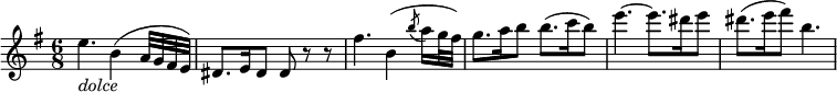  { \relative e'' { \key e \minor \time 6/8
e4. _\markup { \italic "dolce" } b4( a32 g fis e) | dis8. e16 dis8 dis r r |
fis'4. b, 4( \acciaccatura b'8 a16( g32 fis) | g8. a16 b8 b8.( c16 b8) | e4.~ e8. dis16 e8 | dis8.( e16 fis8) b,4. }} 