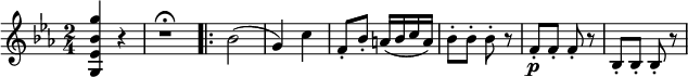  \relative g'' {
\key es \major \time 2/4
<g bes, es, g,>4 r | r1*1/2 \fermata \bar ".|:"
bes,2( | g4) c | f,8-. bes-. a16( bes c a) | bes8-. bes-. bes-. r
f8-. \p f-. f-. r | bes,8-. bes-. bes-. r
} 