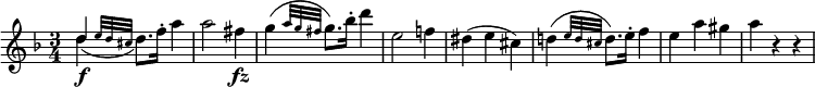  {
  \relative d'' {
     \key d \minor \time 3/4
     << \new Voice { \stemUp \slurDown d4( \f \grace { e32 d cis } \stemDown d8.) f16-. a4 }
        \new Voice { d, 4 } >>
     a'2 fis4 \fz
     g4( \grace { a32 g fis } g8.) bes16-. d4
     e,2 f!4
     dis4( e cis)
     d!4( \grace { e32 d cis } d8.) e16-. f4
     e4 a gis
     a4 r r
  }
} 