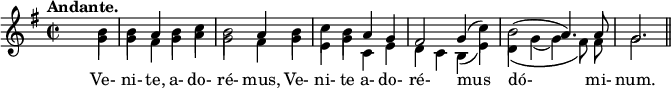 
\relative c'' { 
\clef G
\key g \major
\time 2/2
\tempo "Andante."
<<
\new Voice = "common" {
\override Rest #'style = #'classical
s2. b4 | b a b c    | b2 a4 b | 
c b a g    | fis2 g4( c) | b2( a4.) a8 | g2. 
\bar "||"
}
\new Voice = "two" {
\autoBeamOff
\voiceTwo
s2. g4   | g4 fis g a | g2 fis4 g | 
e g c, e | d c b( e) | d\( g( g) fis8\) fis | g2.  
\bar "||"
}
\new Lyrics \lyricsto "common" {
 Ve- | ni- te, a- do- | ré- mus, Ve- | ni- te a- do- | ré- mus |dó- mi- | num. |
}
>>
}
