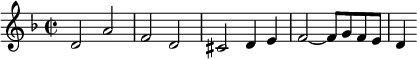 \relative c'{
\set Staff.midiInstrument=oboe
\clef treble
\key d\minor
\time 2/2
\tempo 2=60
\once \override Score.MetronomeMark #'stencil = ##f
d2 a' f d cis d4 e f2~ f8 g f e d4
}