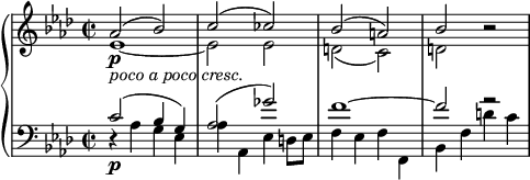 
{ \new PianoStaff <<
 \new Staff <<
 \new Voice \relative as' { \set Score.tempoHideNote = ##t \tempo 2 = 50
 \clef "treble" \key aes \major \stemUp \set Staff.midiInstrument = #"piano" \time 2/2 | % 1
 as2 \p _\markup{ \italic {poco a poco cresc.} } ^( bes2 ) | % 2
 c2 ^( ces2 ) | % 3
 bes2 ^( a2 ) | % 4
 bes2 r2 }
 \new voice \relative es' {
 \clef "treble" \key as \major \stemDown \time 2/2 | % 1
 es1 _~ | % 2
 es2 es2 | % 3
 d2 _( c2 ) | % 4
 d2 s2 } >>
 \new Staff <<
 \new Voice \relative c' {
 \clef "bass" \key as \major \stemUp \time 2/2 c2 \p ^( bes4 g4 ) | % 2
 as2 ^( ges'2 ) | % 3
 f1 ^~ | % 4
 f2 r2 }
 \new voice \relative as {
 \clef "bass" \key as \major \stemDown \time 2/2 r4 as4 g4 es4 | % 2
 as4 as,4 es'4 d8 es8 | % 3
 f4 es4 f4 f,4 | % 4
 bes4 f'4 d'4 c4 } >>
>> }
