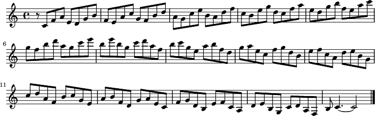 
{

r8
\modalTranspose c c' { c d e f g a b } { c8 f a e }
\modalTranspose c d' { c d e f g a b } { c f a e }
\modalTranspose c e' { c d e f g a b } { c f a e }
\modalTranspose c f' { c d e f g a b } { c f a e }
\modalTranspose c g' { c d e f g a b } { c f a e }
\modalTranspose c a' { c d e f g a b } { c f a e }
\modalTranspose c b' { c d e f g a b } { c f a e }
\modalTranspose c c'' { c d e f g a b } { c f a e }
\modalTranspose c d'' { c d e f g a b } { c f a e }
\modalTranspose c e'' { c d e f g a b } { c f a e }
\modalTranspose c f'' { c d e f g a b } { c f a e }
\modalTranspose c g'' { c d e f g a b } { c f a e }

\modalInversion c e''' { c d e f g a b } { c f a e }
\modalInversion c d''' { c d e f g a b } { c f a e }
\modalInversion c c''' { c d e f g a b } { c f a e }
\modalInversion c b'' { c d e f g a b } { c f a e }
\modalInversion c a'' { c d e f g a b } { c f a e }
\modalInversion c g'' { c d e f g a b } { c f a e }
\modalInversion c f'' { c d e f g a b } { c f a e }
\modalInversion c e'' { c d e f g a b } { c f a e }
\modalInversion c d'' { c d e f g a b } { c f a e }
\modalInversion c c'' { c d e f g a b } { c f a e }
\modalInversion c b' { c d e f g a b } { c f a e }
\modalInversion c a' { c d e f g a b } { c f a e }
\modalInversion c g' { c d e f g a b } { c f a e }
\modalInversion c f' { c d e f g a b } { c f a e }
\modalInversion c e' { c d e f g a b } { c f a e }
\modalInversion c d' { c d e f g a b } { c f a e }


c'4.~ c'2

\bar "|."
}
