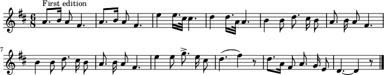 
\transpose c d \relative c'' {
  \key c \major \set Staff.midiInstrument = #"acoustic guitar (nylon)"
  \time 6/8 \set Score.tempoHideNote = ##t \tempo 4 = 60 \autoBeamOff
  g8.^"First edition" [a16] g8 e4. | g8. [a16] g8 e4. | d'4 d16. [b32] b4. | c4 c16. [g32] g4. | a4 a8 c8. b16 a8 | g8. a16 g8 e4. |
  a4 a8 c8. b16 a8 | g8. a16 g8 e4. | d'4 d8 f8.-> d16 b8 | c4. (e4) r8 | c8. [g16] e8 g8. f16 d8 | c4.~ c4 r8 \bar "|."
}
