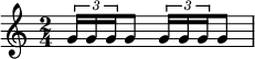 { \numericTimeSignature \time 2/4 {\times 2/3 {g'16 g'16 g'16} g'8 } {\times 2/3 {g'16 g'16 g'16} g'8 }}