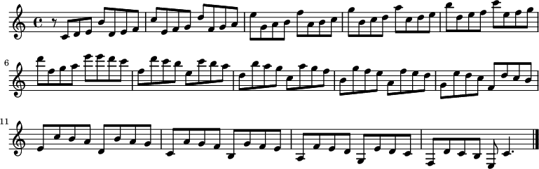 
{

r8
\modalTranspose c c' { c d e f g a b } { c8 d e b } 
\modalTranspose c d' { c d e f g a b } { c d e b } 
\modalTranspose c e' { c d e f g a b } { c d e b } 
\modalTranspose c f' { c d e f g a b } { c d e b } 
\modalTranspose c g' { c d e f g a b } { c d e b } 
\modalTranspose c a' { c d e f g a b } { c d e b } 
\modalTranspose c b' { c d e f g a b } { c d e b } 
\modalTranspose c c'' { c d e f g a b } { c d e b } 
\modalTranspose c d'' { c d e f g a b } { c d e b } 
\modalTranspose c e'' { c d e f g a b } { c d e b } 
\modalTranspose c f'' { c d e f g a b } { c d e b } 

\modalInversion c e''' { c d e f g a b } { c d e b } 
\modalInversion c d''' { c d e f g a b } { c d e b } 
\modalInversion c c''' { c d e f g a b } { c d e b } 
\modalInversion c b'' { c d e f g a b } { c d e b } 
\modalInversion c a'' { c d e f g a b } { c d e b } 
\modalInversion c g'' { c d e f g a b } { c d e b } 
\modalInversion c f'' { c d e f g a b } { c d e b } 
\modalInversion c e'' { c d e f g a b } { c d e b } 
\modalInversion c d'' { c d e f g a b } { c d e b } 
\modalInversion c c'' { c d e f g a b } { c d e b } 
\modalInversion c b' { c d e f g a b } { c d e b } 
\modalInversion c a' { c d e f g a b } { c d e b } 
\modalInversion c g' { c d e f g a b } { c d e b } 
\modalInversion c f' { c d e f g a b } { c d e b } 
\modalInversion c e' { c d e f g a b } { c d e b } 
\modalInversion c d' { c d e f g a b } { c d e b } 


c'4.

\bar "|."
}
