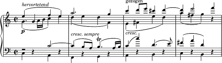 
{ \new PianoStaff <<
  \new Staff <<
    \set Score.tempoHideNote = ##t \new Voice \tempo 4 = 120 \relative e'' {
  \clef "treble" \key c \major \stemDown \set Staff.midiInstrument = #"piano" \time 2/2 | % 1
  g,4. _( a16 b16 c4 ) e4 | % 2
  d4 _( e4 d4 f,4 ) | % 3
  e4 ^"gezogen" _\markup{ \italic {cresc.} } _( fis4 e'4 d4 ) | % 4
  a'4 _( fis4 g4 ) r4 }
  \relative g' {
  \clef "treble" \key c \major \stemUp \time 2/2 | % 1
  e'4 \p ^\markup{ \italic {hervortetend} } ^( g,4 f'4 e4 ) | % 2
  a2. g4 | % 3
  c4 d8 e8 cis4 d4 ^~ | % 4
  d4 e2 f4 } >>
  \new Staff <<
    \new Voice \relative c' {
  \clef "bass" \key c \major \stemUp \set Staff.midiInstrument = #"piano" \time 2/2 | % 1
  r2 c2 ^~ | % 2
  c4 ^( b8 a8 ) b4. ^( \trill a16 b16
  ) | % 3
  c4 ^( c'4 ) d,4. ^( e8 ) | % 4
  fis4 ^( a4 d,4 ) r4 }
  \relative c {
  \key c \major \stemDown \time 2/2 | % 1
c4 r4 a4 r4 | % 2
  f4 ^\markup{ \italic {cresc. sempre} } r4 g4 r4 | % 3
  a4 r4 b4 r4 | % 4
  c4 r4 b4 s4 } >>
>> }
