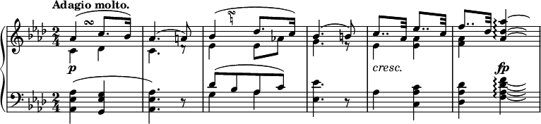 
 \relative c' {
  \new PianoStaff <<
   \new Staff { \key aes \major \time 2/4 \tempo "Adagio molto."
    <<
     {
      \override TextScript #'avoid-slur = #'inside
      \override TextScript #'outside-staff-priority = ##f
      aes'4^\markup
       \override #'(baseline-skip . 1) {
        \halign #-4
        \small \musicglyph #"scripts.turn"
        }
       ( c8. bes16) aes4.( a8) bes4^\markup
       \override #'(baseline-skip . 1) {
        \halign #-6
        \teeny \center-column {
         \musicglyph #"scripts.turn"
         \natural
        }
       }
      ( des8. c16) bes4.( b8)
      c8.. aes32 es'8.. c32 f8.. des32 <aes'~ des,~ aes~>4*7/8\arpeggio \hideNotes <aes des, aes>32
     }
    \\
     { c,,4 des c4. d8\rest es4 es8 aes! g4. e8\rest es4 <aes es> <aes f> s4 }
    >>
   }
   \new Dynamics {
    s4\p s s2 s s s8\cresc s\! s4 s s\fp
   }
   \new Staff { \key aes \major \time 2/4 \clef bass
    <<
     {
      \stemDown <aes, es aes,>4( \stemUp <g es g,> \stemDown <aes es aes,>4.) d,8\rest
      \stemUp des'8[( bes aes c)]
     }
    \\
     {
      s2 s g4 aes <es' es,>4. d,8\rest
      aes'4 <c aes c,> <des aes des,> <f~ des~ aes~ f~>4*7/8\arpeggio \hideNotes <f des aes f>32
     }
    >>
   }
  >>
 }
