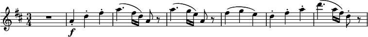  \relative a' {
\key d \major \time 3/4
R2. | a4-. \f d-. fis-.
a4.( fis16 d) a8 r | a'4.( g16 e) a,8 r
fis'4( g e) | d4-. fis-. a-.
d4.( a16 fis) d8-. r
} 