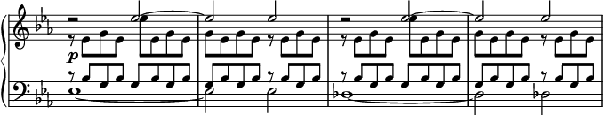 
 \relative c' {
  \new PianoStaff <<
   \new Staff \with { \remove "Time_signature_engraver" } { \key c \minor \time 4/4
    <<
     { d'2\rest es2~ es es d\rest es~ es es }
    \\
     {
      r8 es, g es es' es, g es g es g es r es g es
      r es g es es' es, g es g es g es r es g es
     }
    >>
   }
   \new Dynamics {
    s4\p
   }
   \new Staff \with { \remove "Time_signature_engraver" } { \key c \minor \time 4/4 \clef bass
    <<
     {
      r8 bes g bes g bes g bes | g bes g bes r bes g bes |
      r bes g bes g bes g bes | g bes g bes r bes g bes
     }
    \\
     { es,1~ es2 es des1~ des2 des }
    >>
   }
  >>
 }
