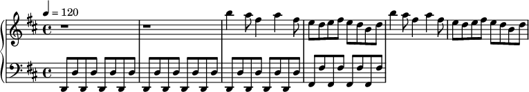 
{
  \relative c
  \new PianoStaff 
  <<
    \new Staff
    {
      %\relative c'' 
      \tempo 4 = 120
      \time 4/4
      \key d \major
      r1 | r | b'''4 a8 fis4 a fis8  | e8 d e fis e d b d | b'4 a8 fis4 a fis8  | e8 d e fis e d b d |
    }
    \new Staff
    {
      \clef "bass"
      \tempo 4 = 120
      \time 4/4
      \key d \major
      d,,,8 d' d, d' d, d' d, d' | d, d' d, d' d, d' d, d' | d, d' d, d' d, d' d, d' | fis, fis' fis, fis' fis, fis' fis, fis' |
    }
  >>
}
