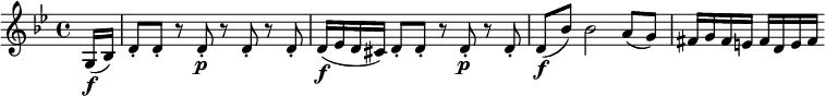  \relative g {
\key g \minor \time 4/4
\partial 8 g16( \f bes) | d8-. d-. r d-. \p r d-. r d-.
d16( \f es d cis) d8-. d-. r d-. \p r d-.
d8( \f bes') bes2 a8( g) |fis16 g fis e fis d e fis
} 