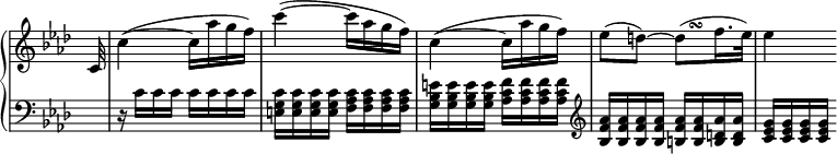 
 \relative c' {
  \new PianoStaff <<
   \new Staff \with { \remove "Time_signature_engraver" } { \key aes \major \time 2/4 \partial 32
    \override TextScript #'avoid-slur = #'inside
    \override TextScript #'outside-staff-priority = ##f
    c32 c'4~( c16 aes' g f) c'4~( c16 aes g f) c4~( c16 aes' g f)
    es8( d)~
    d(^\markup
       \override #'(baseline-skip . 1) {
        \halign #-3
        \tiny \musicglyph #"scripts.turn"
       }
    f16. es32) es4
   }
   \new Staff \with { \remove "Time_signature_engraver" } { \key aes \major \time 2/4 \clef bass \partial 32
    s32 r16 c, c c c c c c
    <c g e> <c g e> <c g e> <c g e>
    <c aes f> <c aes f> <c aes f> <c aes f>
    <e bes g> <e bes g> <e bes g> <e bes g>
    <f c aes> <f c aes> <f c aes> <f c aes>
    \clef treble <aes f bes,> <aes f bes,> <aes f bes,> <aes f bes,>
    <aes f b,> <aes f b,> <aes d, b> <aes d, b>
    <g es c> <g es c> <g es c> <g es c>
   }
  >>
 }
