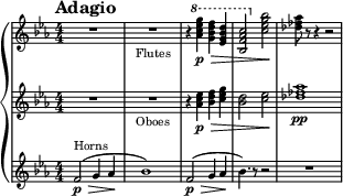 
{
  \new PianoStaff <<
    
    \new Staff \with{ \magnifyStaff #2/3 } \relative f'' {
      
      \tempo "Adagio"
      \clef treble \key es \major \numericTimeSignature \time 4/4
      \set Staff.midiInstrument = #"flute" 
      R1 
      R1_\markup{\teeny "Flutes"}
      r4 \ottava #1 <aes c ees g> \p \> <g bes d f> <ees g bes d> 
      <bes f' aes c>2 \ottava #0 <c ees g bes> \!
      <des fes aes>8 r8 r4 r2
    }

    \new Staff \with{ \magnifyStaff #2/3 } \relative f'{
      \clef treble \key es \major \numericTimeSignature \time 4/4
      \set Staff.midiInstrument = #"oboe"
      R1
      R1_\markup{\teeny "Oboes"}
      r4 <aes c ees> \p \> <bes d f> <c ees g>
      <bes d>2 <c ees> \!
      <des fes aes>1~ \pp
    }

    \new Staff \with{ \magnifyStaff #2/3 } \relative f'{
      \clef treble \key es \major \numericTimeSignature \time 4/4
      \set Staff.midiInstrument = #"french horn" 
      f2^\markup{\teeny "Horns"}( \p \> g4 aes4 \!
      bes1)
      f2( \p \> g4 aes4
      bes4. \!) r8 r2
      R1
    }
  >>
}
