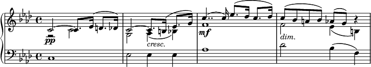 
{ \new PianoStaff <<
 \new Staff <<
 \set Staff.midiInstrument = #"string ensemble 1" \new Voice \key aes \major \clef treble \time 4/4 \set Score.tempoHideNote = ##t \tempo 4 = 45 \relative c' { \stemUp | % 1
 c2 \pp ^~ c8. es16 ^( d8. des16 ) | % 2
 c2 ^~ c8. _\markup{ \italic {cresc.} } b16 ^( es8. g16 ) | % 3
 c4.. \mf ^( c16 ) es8. ^( des16 c8. des16 ) | % 4
 c8 _\markup{ \italic {dim.} } ^( bes8 a8 bes8 ) as8 ^( g8 ) r4 }
 \new Voice \relative c' {
 \clef "treble" \key aes \major \stemDown \time 4/4 | % 1
 r2 c2 | % 2
 g2 as4 _( bes4 ) | % 3
 f'1 | % 4
 f2 es4 _(b4 ) } >>
\new Staff \relative c { \set Staff.midiInstrument = #"string ensemble 1" \key aes \major \clef bass \time 4/4
 c1 | % 2
 es2 es4 es4 | % 3
 as1 | % 4
 des2 bes4 ( f4 ) }
>> }
