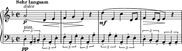 
\relative c'' {
  \new PianoStaff <<
    \new Staff {
      \set Staff.midiInstrument = #"piano" \key f \major \clef treble \time 2/2 \set Score.tempoHideNote = ##t \tempo "Sehr langsam" 2 = 22
      a2 ^\markup \italic { "dolce" } \p ( d,4 \< e4 |
      f4 \! \> g4 e4 ) \! r4 |
      d'4 \mf ( e,4 c'4 d,8 e8 |
      f4 \> e8 d8 e4 ) \! r4 |
    }
    \new Staff {
      \set Staff.midiInstrument = #"piano" \key f \major \clef bass \time 2/2
      \times 2/3 {
        d,4 \pp ^"pizz." -. a4 -. cis4 -.
      }
      \times 2/3 {
        d4 -. a4 -. e'4 -.
      } |
      \times 2/3 {
        f4 -. a,4 -. g'4 -.
      }
      \times 2/3 {
        e4 -. a,4 -. a'4 -.
      } |
      \times 2/3 {
        bes,4 -. a'4 -. g4 -.
      }
      \times 2/3 {
        a,4 -. f'4 -. e4 -.
      } |
      \times 2/3 {
        d4 -. c4 -. bes4 -.
      }
      \times 2/3 {
        a4 -. g4 -. a4 -.
      } |
    }
  >>
}
