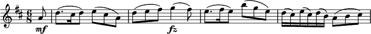 
\relative a' {
  \key d \major \time 6/8
  \partial 8 a8 \mf
  d8.( cis16 d8) e( cis a)
  d8( e fis) g4( \fz fis8)
  e8.( fis16 e8) b'( g e)
  d16( cis) e( cis) d( b) a8( b cis)
} 