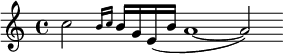  \relative c''{\set Staff.midiInstrument = #"string ensemble 1"\clef treble\cadenzaOn  c2\grace { b16[c] } [b g e (b'] a1~a2) } 