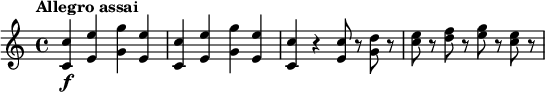 
\relative c'' {
 \tempo "Allegro assai"
 <c c,>4\f <e e,> <g g,> <e e,> |
 <c c,>4 <e e,> <g g,> <e e,> |
 <c c,>4 r <c e,>8 r <d g,> r |
 <e c>8 r <f d> r <g e> r <e c> r |
}
