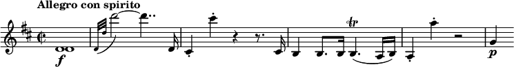 
\relative c' {
  \tempo "Allegro con spirito"
  \key d \major
  \time 2/2
  <<
    { d1\f | } \\
    { d1 | }
  >>
  \appoggiatura { d32[ d'] } d'2~ d4.. d,,16 |
  cis4-. cis''-. r r8. cis,,16 |
  b4 b8. b16 b4.\trill( a16 b) |
  a4-. a''-. r2 |
  g,4\p
}
