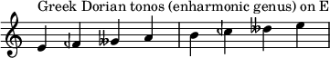  {
\override Score.TimeSignature #'stencil = ##f
\relative c' {
  \clef treble \time 4/4
  e4^\markup { Greek Dorian tonos (enharmonic genus) on E } feh geses a b ceh deses e
} }
