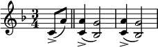  \relative c' { \clef treble \key f \major \time 3/4 \partial 4*1 \set Staff.midiInstrument = #"string ensemble 1" c8(-> a') \bar "||" <a c,>4->( <g bes,>2) | <a c,>4->( <g bes,>2) } \midi{\tempo 4 = 80} 