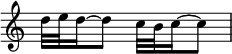  {
\override Score.TimeSignature
#'stencil = ##f
    \relative c'' {
        \time 2/4
        d32 e d16~ d8 c32 b c16~ c8
    }
}
