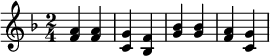 {\key f \major \time 2/4 <a' f'>4 <a' f'> <g' c'> <f' bes> <bes' g'> <bes' g'> <a' f'> <g' c'>}