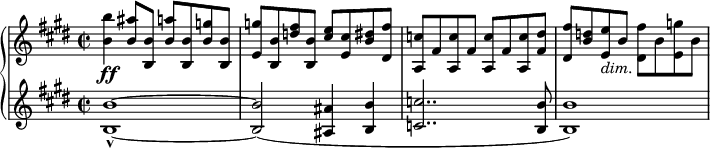 
{ \new PianoStaff <<
\new Staff \relative b' { \set Staff.midiInstrument = #"paino" \key e \major \clef treble \time 2/2 \set Score.tempoHideNote = ##t \tempo 4 = 120
 <b b'>4 \ff <b ais'>8 <b, b'>8 <b' a'>8 <b, b'>8 <b' g'>8 <b, b'>8 | % 2
 <e g'>8 <b b'>8 <d' fis>8 <b, b'>8 <cis' e>8 <e, cis'>8 <b' dis>8
 <dis, fis'>8 | % 3
 <a c'>8 fis'8 <a, c'>8 fis'8 <a, c'>8 fis'8 <a, c'>8 <fis' dis'>8 | % 4
 <dis fis'>8 <b' d>8 <e, e'>8 _\markup{ \italic {dim.} } b'8 <dis,
 fis'>8 b'8 <e, g'>8 b'8 }
\new Staff \relative b { \set Staff.midiInstrument = #"piano" \key e \major \clef treble \time 2/2
 <b b'>1 ~ _^ ~ | % 2
 <b b'>2 ( <ais ais'>4 <b b'>4 | % 3
 <c c'>2.. <b b'>8 | % 4
 <b b'>1 ) }
>> }
