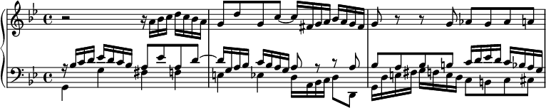 
\new PianoStaff <<
 \new Staff \relative c'' {
  \key g \minor
  r2 r16 a bes c d c bes a |
  g8 d' g, c~ c16 fis, g a bes a g fis |
  g8 r r g as g as a |
 }
 \new Staff <<
  \new Voice \relative c' {
   \key g \minor \clef bass \voiceOne
   r16 bes c d es d c bes a8 es' a, d~ |
   d16 g, a bes c bes a g a8 r r a |
   bes8 a bes b c16 d es d c bes a g |
  }
  \new Voice \relative c {
   \voiceTwo
   g4 g' fis f |
   e4 es d16 a bes c d8 d, |
   g16 d' e fis g f e d c8 b c cis |
  }
 >>
>>
