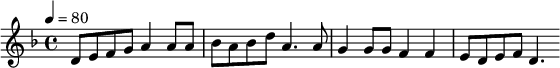 
\relative c' { 
  \set Staff.midiInstrument = #"violin"
  \tempo 4 = 80
  \key f \major
  \time 4/4
  d8 e f g a4 a8 a bes a bes d a4. a8 g4 g8 g f4 f e8 d e f d4.
}
