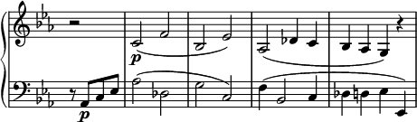 
 \relative c' {
  \new PianoStaff <<
   \new Staff \with { \remove "Time_signature_engraver" } { \key c \minor \time 2/2 \partial 2
    r2 c2\p ( f bes, es) aes,( des4 c bes aes g) r4
   }
   \new Staff \with { \remove "Time_signature_engraver" } { \key c \minor \time 2/2 \clef bass \partial 2
    r8 aes,_\p c es aes2( des, g c,) f4( bes,2 c4 des d es es,)
   }
  >>
 }
