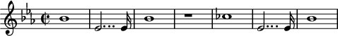 
\header {
  tagline = ##f
}

\score {
  \new Staff \with {

  }
<<
  \relative c'' {
    \key ees \major
    \time 2/2
    \tempo 2 = 80
    \override TupletBracket #'bracket-visibility = ##f 
    %\autoBeamOff
    \set Staff.midiInstrument = #"French horn"

     %%%%%%%%%%%%%%%%%%%%%%%%%% AB 4-1 th1
     bes1 ees,2... ees16 bes'1 r1 ces1 ees,2... ees16 bes'1

  }
>>
  \layout {
    \context { \Score \remove "Metronome_mark_engraver"
    }
  }
  \midi {}
}
