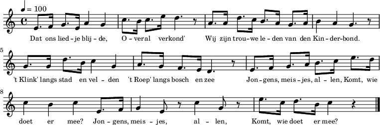 

 \transpose c c \relative c' {
  \override LyricText #'font-size = #-3
#(set-global-staff-size 10)
  \key c \major
  \tempo 4 = 100
  \time 4/4
e8. f16 g8. e16 a4 g
c8. b16 c8. e16 d4. r8
a8. a16 d8. c16 b8. a16 g8. a16
b4 a g4. r8

g8. g16 d'8. b16 c4 g
a8. g16 f8. e16 d4. r8
e8. f16 g8. a16 b8. c16 e8. d16
c4 b c e,8. f16
g4 e8 r8 c'4 g8 r8
e'8. c16 d8. b16 c4 r4
\bar "|."
}

\addlyrics {
\set fontSize = #-2
Dat ons lied -- je blij -- de,
O -- ver -- al ver -- kond'
Wij zijn trou -- we le -- den
van den Kin -- der -- bond.

't_Klink' langs stad en vel -- den
't_Roep' langs bosch en zee
Jon -- gens, meis -- jes, al -- len,
Komt, wie doet er mee? Jon -- gens,
meis -- jes, al -- len,
Komt, wie doet er mee?
}
