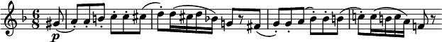  \relative gis' {
\key f \major \time 6/8
\partial 8 gis8( \p | a8-.) a-. b-. c-. c-. cis(
d8-.) d16( cis d bes!) g!8[ r fis](
g8-.) g-. a( bes-.) bes-. b(
c!8-.) c16( b c a) f!8 r
} 