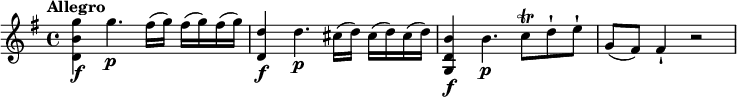 
\relative c' {
\version "2.18.2"
\key g \major
\time 4/4
\tempo "Allegro"
\tempo 4 = 130
<d b' g'>4\f g'4.\p fis16 (g) fis16 (g) fis16 (g) <d, d'>4\f d'4.\p cis16 (d) cis16 (d) cis16 (d) <g,, d' b'>4\f b'4.\p c8 \trill d-! e-! g, (fis) fis4-! r2}
