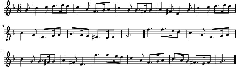 

\new Staff {
  \time 6/8
  \clef treble
  \key f \major
  \relative c'' {
    \partial8 g8
    bes4 c8 d8. e16 d8
    c4 a8 f8. g16 a8
    bes4 g8 g8.fis16 g8
    a4 fis8 d4 g8
    bes4 c8 d8. e16 d8
    c4 a8 f8. g16 a8
    bes8. a16 g8 fis8. e16 fis8
    g2. \bar "||"
    f'4. f8. e16 d8
    c4 a8 f8. g16 a8
    bes4 g8 g8. fis16 g8
    a4 fis8 d4.
    f'4. f8. e16 d8
    c4 a8 f8. g16 a8
    bes8. a16 g8 fis8. e16 fis8
    g2. \bar "||"
  }
}
