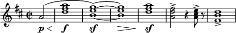  \relative c'' { \clef treble \key d \major \time 2/2 \partial 2*1 a2\p(\< | <a' fis d>1\!\f | <g e b>\sf)~ | <g e b>\> | <a fis d>\!\sf | <fis d a>2-> r4 <e cis a>8-> r | <d b fis>1-> } 