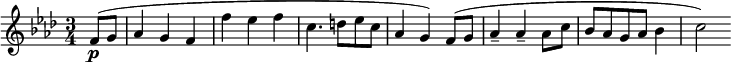 
\relative c'{ \time 3/4 \key f\minor \set Score.tempoHideNote=##t \tempo 4=86 \set Staff.midiInstrument = #"oboe" \partial 4 f8\p (g8 aes4 g4 f4 f'4 es4 f4 c4. d8 es8 c8 aes4 g4) f8 (g8 aes4-- aes4-- aes8 c8 bes8 aes8 g8 aes8 bes4 c2)}

