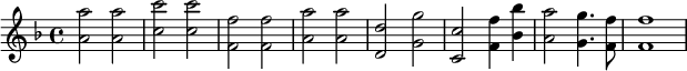 {#(set-global-staff-size 18) \set Staff.midiInstrument = #"celesta" \key f \major <a' a''>2 <a' a''> <c'' c'''> <c'' c'''> <f' f''> <f' f''> <a' a''> <a' a''> <d' d''> <g' g''> <c' c''> <f' f''>4 ~ <bes' bes''> <a' a''>2 ~ <g' g''>4. <f' f''>8 <f' f''>1}