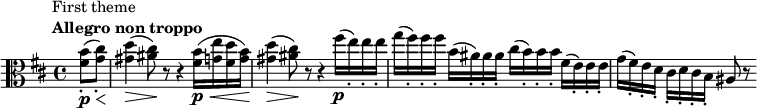 
    \relative c' {
        \set Score.tempoHideNote = ##t \tempo 4 = 116
        \set Staff.midiInstrument = #"viola"
        \set Score.currentBarNumber = #19
        \key b \minor
        \time 4/4
        \clef alto
        \bar "19"
        \partial 4^\markup {  \translate #'(-4 . 0)
              \column {
                \line { First theme }
                \line { \bold { Allegro non troppo} }
            }
        }
        <fis b>8_.\p\< (<g cis>_.)\! <gis d'>4\> (<ais cis>8)\! r8 r4 <fis b>16\p\< (<g e'> <fis d'> <g b>)\! <gis d'>4\> (<ais cis>8)\! r8 r4 fis'16\p (e_.) e_. e_. g (fis_.) fis_. fis_. b, (ais_.) ais_. ais_. cis (b_.) b_. b_. fis (e_.) e_. e_. g (fis_.) e_. d_. cis_. d_. cis_. b_. ais8 r8
}
