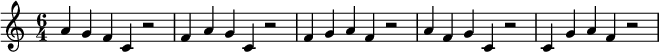 {\set Staff.midiInstrument = #"Tubular Bells" \time 6/4 a'4 g' f' c' r2 f'4 a' g' c' r2 f'4 g' a' f' r2 a'4 f' g' c' r2 c'4 g' a' f' r2}