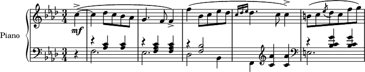 
\version "2.14.2"
\header {
  tagline = ##f
}
upper = \relative c'' {
  \clef treble 
  \key aes \major
  \time 3/4
  \tempo 4 = 114
  \tempo "Vivace"
  %\autoBeamOff

   \partial 4
   c4~->(\mf c des8 c bes aes g4. f8 f4->) f'( bes,8 c ees des \grace { c16[ des ees] } des4. c8 c4->)
   b!8( c \acciaccatura ees8 des c f g)
}

lower = \relative c' {
  \clef bass
  \key aes \major
  \time 3/4
   
   \partial 4 r4 
   << { r4 \repeat unfold 2 { < c aes >4} r4 \repeat unfold 2 { < c aes f >4} r4 < bes f >2 } \\ { f2. ees des2 bes4 f } >>
   \clef treble \repeat unfold 2 { < aes'' c, >4}
     \clef bass
   << { r4 \repeat unfold 2 { < g c, bes >4}  } \\ { e,!2. } >>

} 

\score {
  \new PianoStaff <<
    \set PianoStaff.instrumentName = #"Piano"
    \new Staff = "upper" \upper
    \new Staff = "lower" \lower
  >>
  \layout {
    \context {
      \Score
      \remove "Metronome_mark_engraver"
    }
  }
  \midi { }
}
