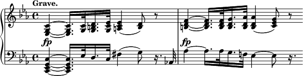 
 \relative c' {
  \new PianoStaff <<
   \new Staff { \key c \minor \time 4/4 \tempo "Grave."
    <c~ g~ es~>4 <c g es>16. <c g>32 <d b g>16. <es c g>32 <es c a>4( <d b>8) r
    <f~ d~ b~>4 <f d b>16. <f d b>32 <g d b>16. <aes d, b>32 <aes d, b>4( <g es c>8) r8*3/4
   }
   \new Dynamics {
    s1\fp s\fp
   }
   \new Staff { \key c \minor \time 4/4 \clef bass
    <c,,~ g~ es~ c~>4 <c g es c>16. es32 d16. c32 fis4( g8) r16. aes,!32
    aes'4~ aes16. aes32 g16. f!32 es4~ es8 r16.
   }
  >>
 }
