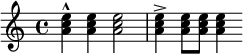 \relative c'' { <a c e>-^ q q2 q4-> q8 q q4 }