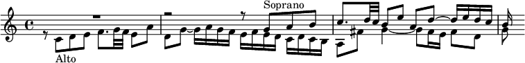 

{
#(set-global-staff-size 17)
\relative{
\new Staff \clef treble \key c \major \tempo 4=70 \set Score.tempoHideNote = ##t
      \override Score.BarNumber  #'transparent = ##t

  <<

    { \voiceOne R1 r2 r8 g'^"Soprano" a b c8. d32 c b8 e a, d ~ d16 e d c b}
  \new Voice= "Alto"
    { \voiceTwo r8 c,_"Alto" d e f8. g32 f e8 a8 d,8 g ~ g16 a g f e f e d c d c b a8 fis' g4~ g8 fis16 e fis8 d g}

  >>
} }
