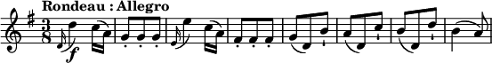 
\relative c' {
\version "2.18.2"
\key g \major
\time 3/8
\tempo "Rondeau : Allegro"
\tempo 4 = 130
\appoggiatura d16 d'4\f c16 (a) g8-. g-. g-. \appoggiatura e16 e'4 c16 (a) fis8-. fis-. fis-. g (d) b'-! a (d,) c'-! b (d,) d'-! b4 (a8) }
